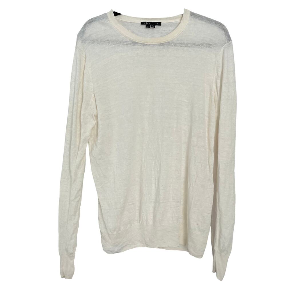 Theory 100% Linen Crew Neck Sweater Ivory Lightweight Knit Women's M Luxury